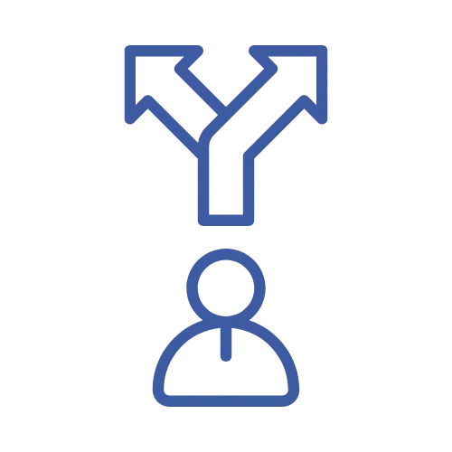 a blue arrow pointing to a person in the middle of an arrow