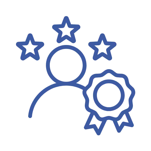 a blue icon of a person with five stars around them