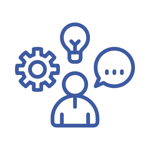 an icon of a person with a lightbulb and two speech bubbles