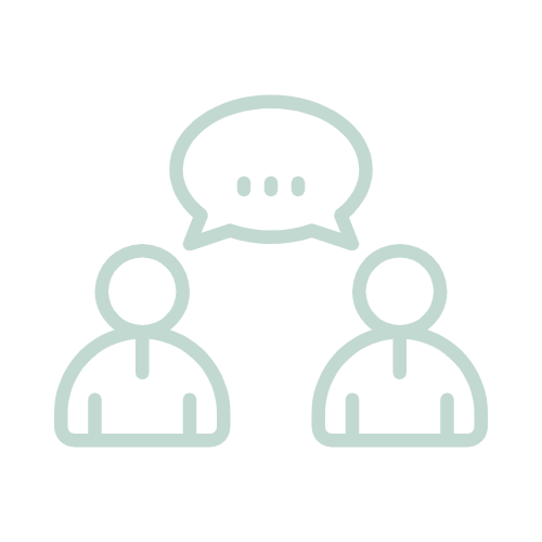 two people talking with a speech bubble icon